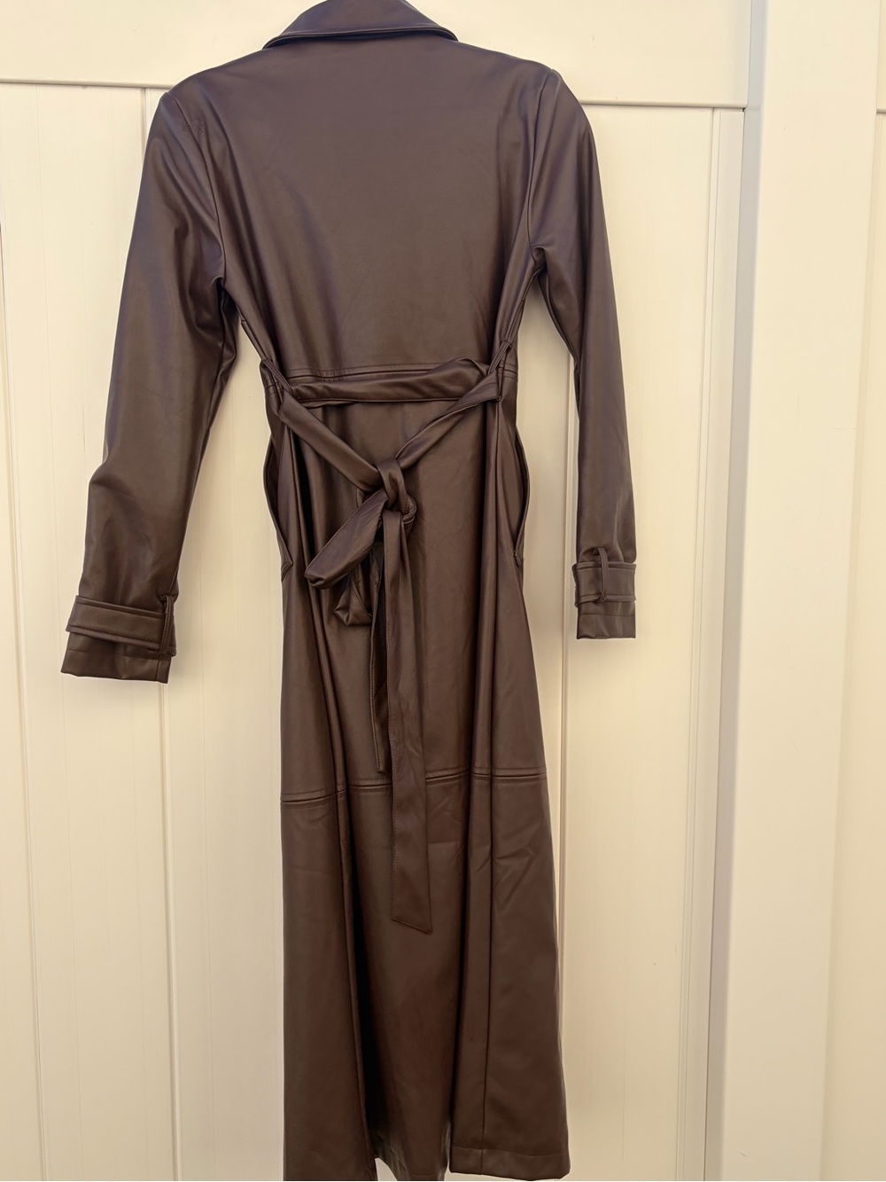 Fashion Nova Brown Faux Leather Double-Breasted Long Trench - Picture 8 of 8